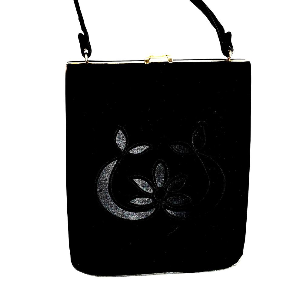 Vintage mid century black wool velour handbag purse pocketbook top handle bag